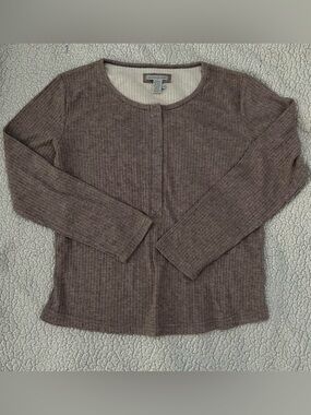 Brown long sleeve button up top with a ribbed texture